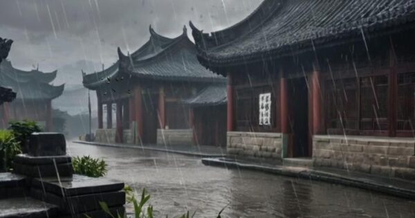 image-ai-generated-an-ancient-city-in-china-with-foggy-weather-in-the-pouring-rain-video